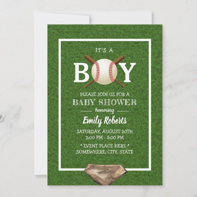 Invitation Baby shower de base-ball Boy Green Grass (Devant)