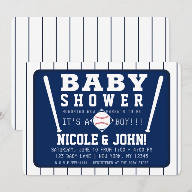 Invitation Baby shower de baseball Blue & White Pinstripes (Devant / Derrière)
