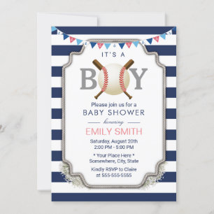Invitation Baby shower de baseball Boy Nautical Navy Stripes