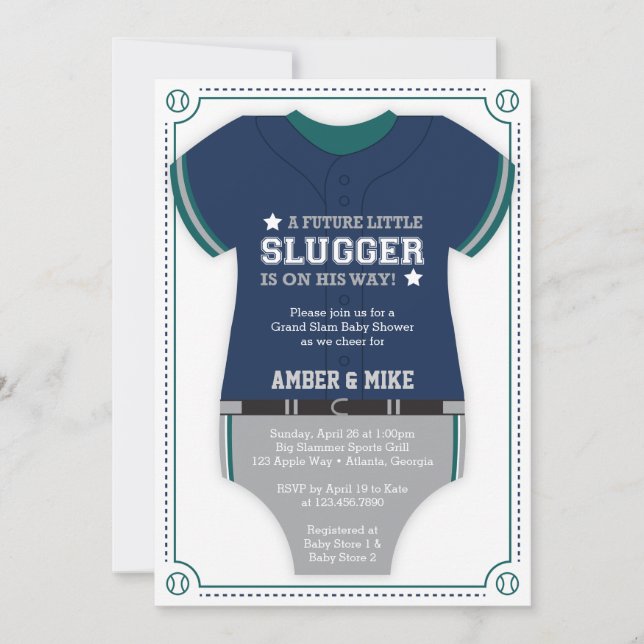 Invitation Baby shower de baseball Jersey, Bleu, Vert (Devant)