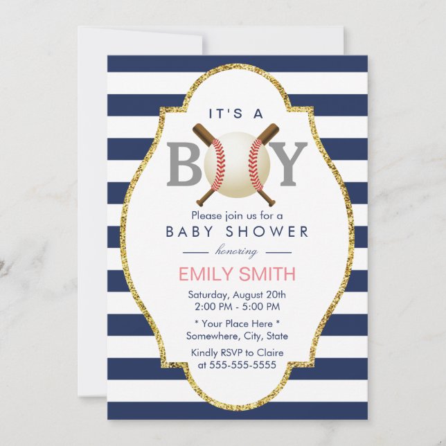 Invitation Baby shower de baseball moderne Navy Blue Stripes (Devant)