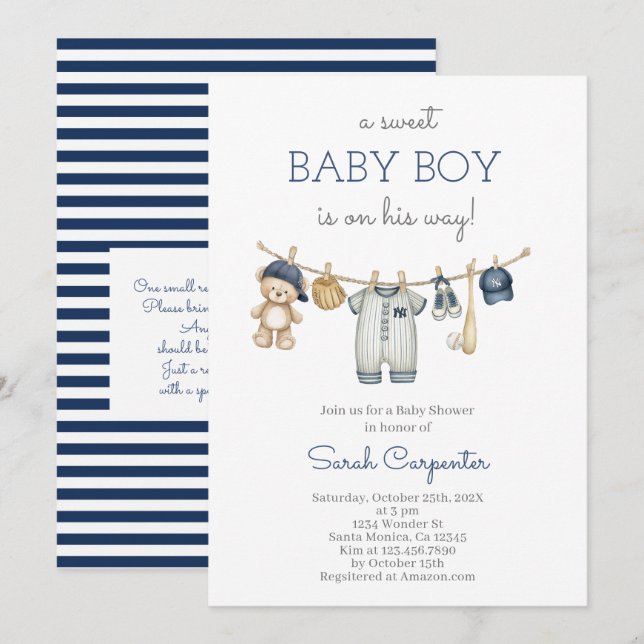 Invitation Baby shower de baseball modifiable garçon (Devant / Derrière)