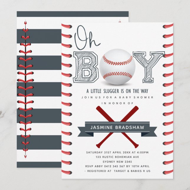Invitation Baby shower de baseball Oh Boy (Devant / Derrière)