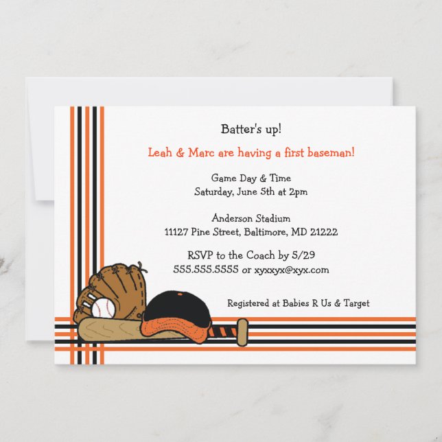 Invitation Baby shower de baseball orange et noir (Devant)