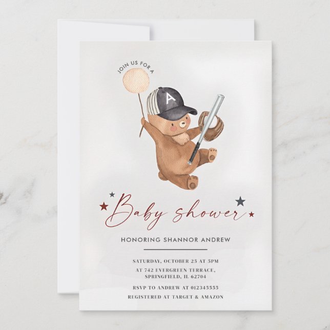Invitation Baby shower de baseball personnel joli ours (Devant)