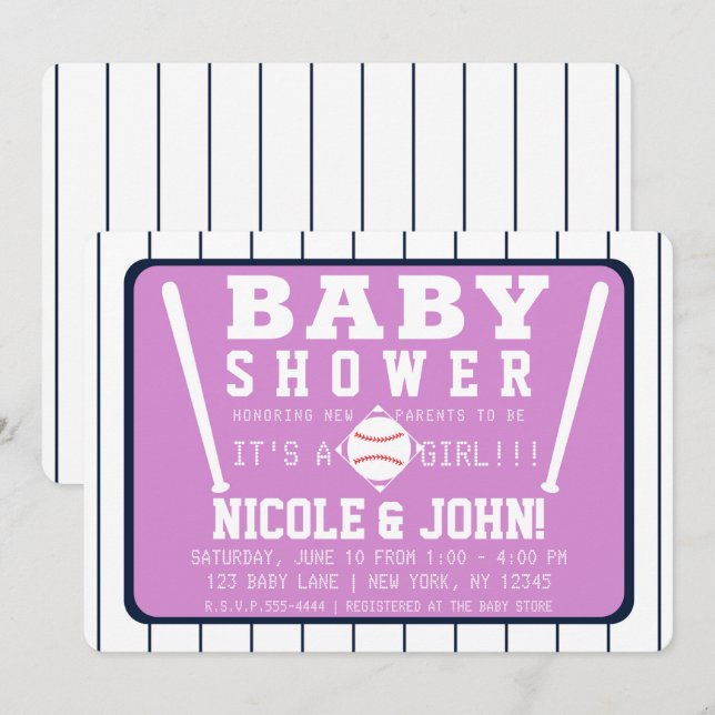 Invitation Baby shower de baseball Purple Blue White Pinstrip (Devant / Derrière)
