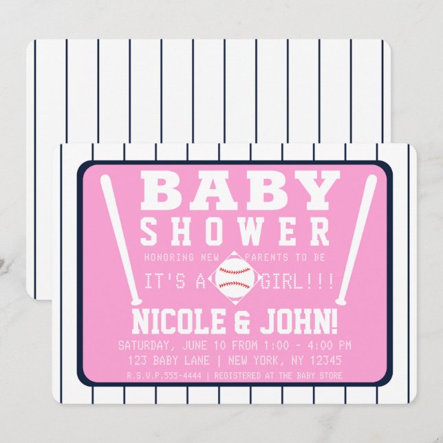 Invitation Baby shower de baseball rose bleu et blanc (Devant / Derrière)