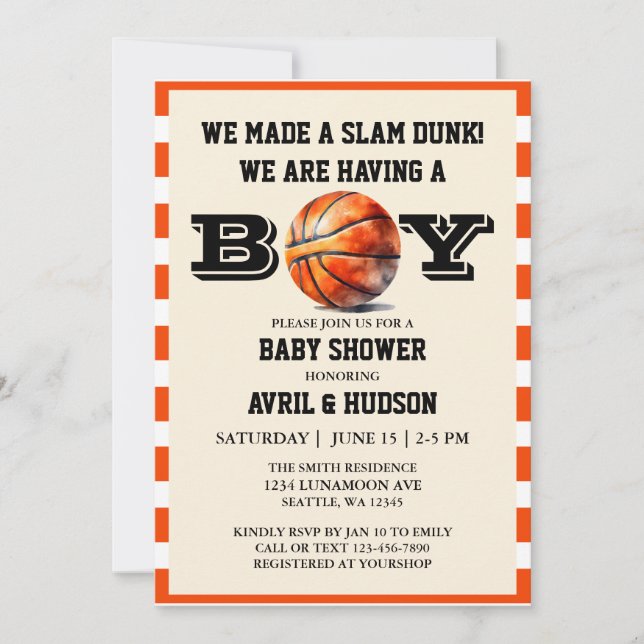 Invitation Baby shower de basket-ball (Devant)