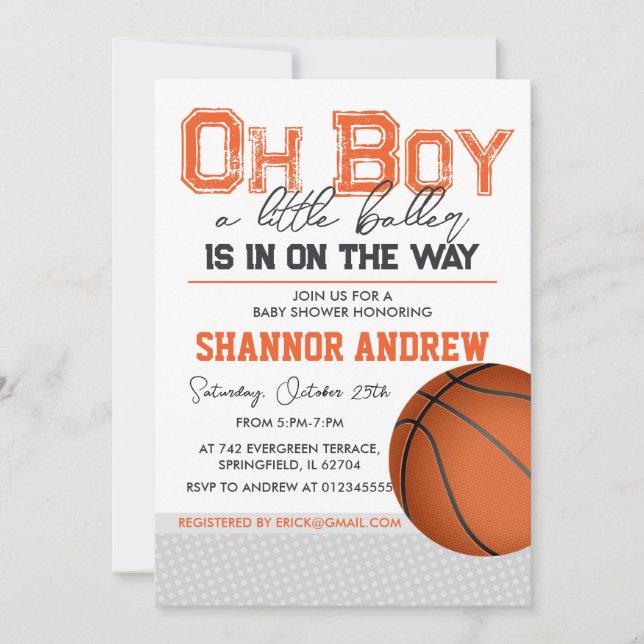 Invitation Baby shower de basket-ball modifiable (Devant)