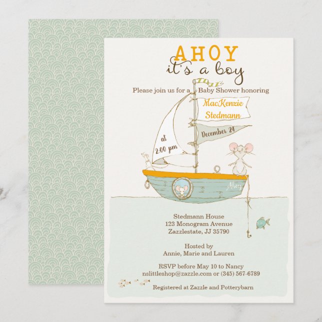 Invitation Baby shower de bateau de rangée pour un garçon (Devant / Derrière)