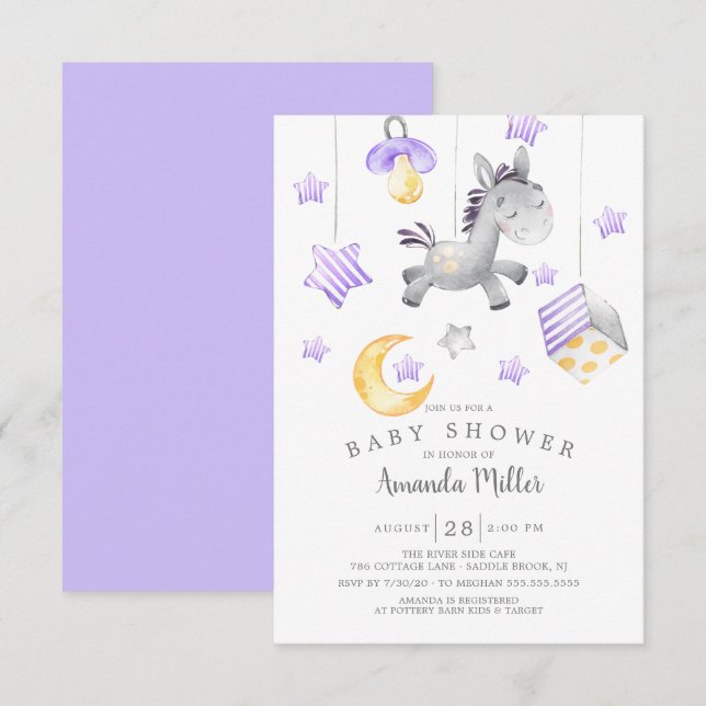 Invitation Baby shower de bébé fille mobile poney (Devant / Derrière)