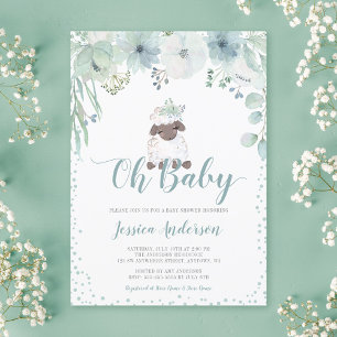 Invitation Baby-Shower de bébé mouton floral verdure genre ne