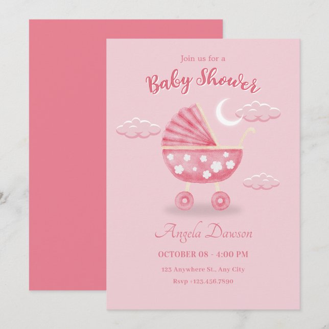 Invitation Baby shower de bébé rose (Devant / Derrière)