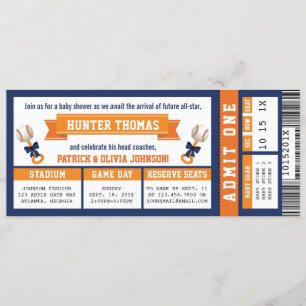 Invitation Baby shower de billet de base-ball, bleu, orange