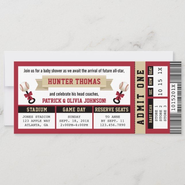 Invitation Baby shower de billet de sport, Rouge,  (Devant)