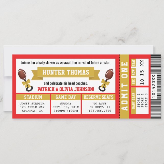 Invitation Baby shower de billets de football, Rouge, Or (Devant)