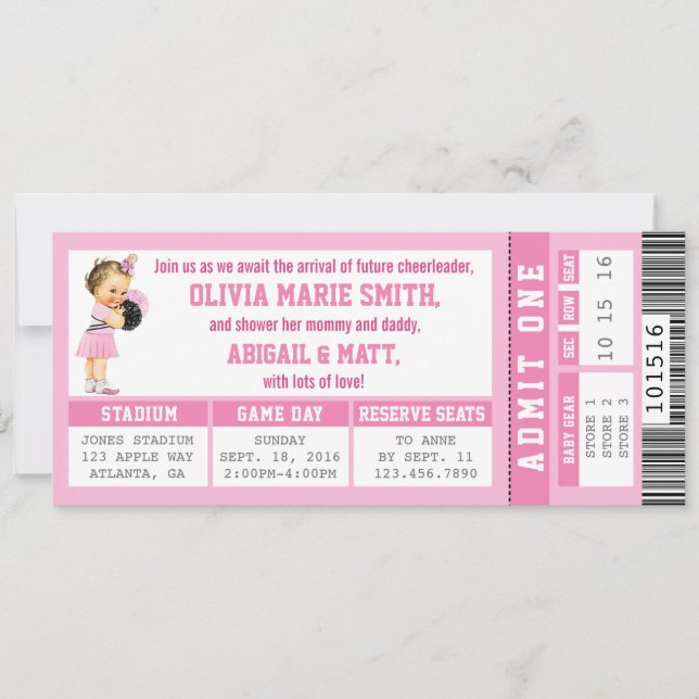 Invitation Baby shower de billets de sport, fille, (Devant)