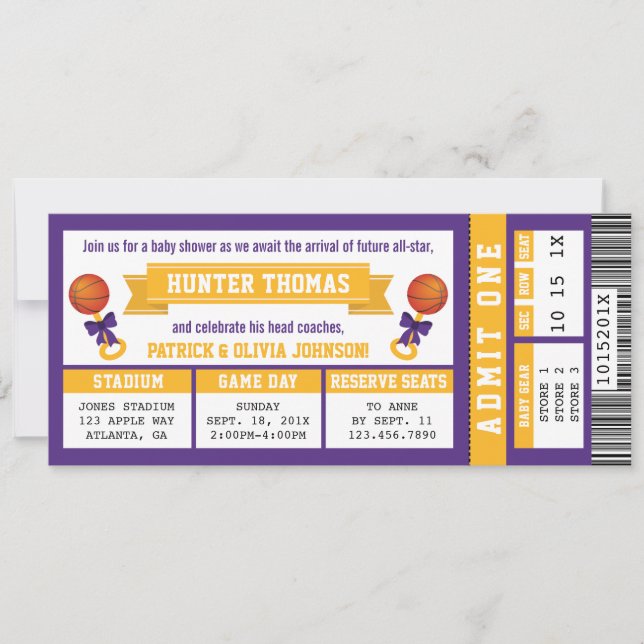 Invitation Baby shower de billets de sport, violet (Devant)