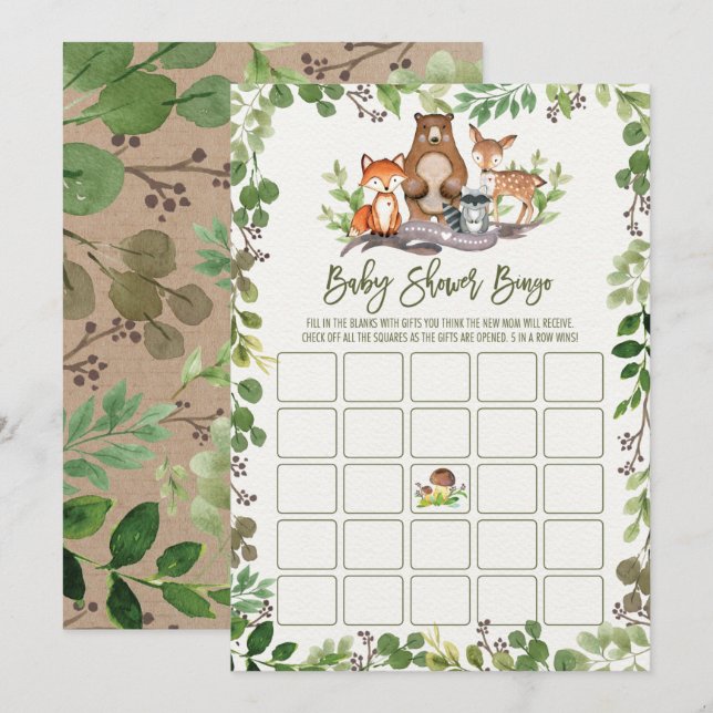 Invitation Baby shower de bingo Botanical Woodland (Devant / Derrière)