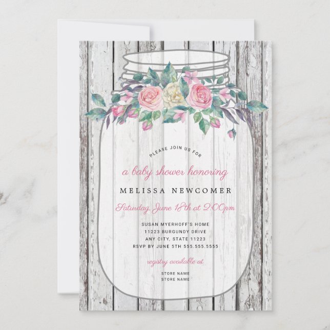 Invitation Baby shower de bocal en bois rose rose (Devant)