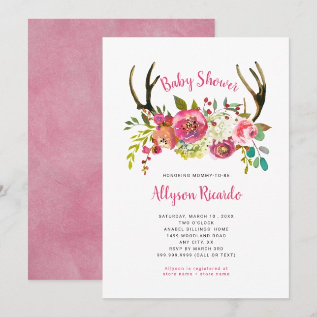 Invitation Baby shower de Boho Antlers Floral Rose (Devant / Derrière)