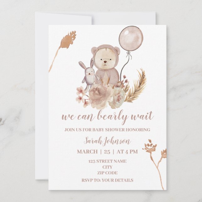 invitation baby shower de boho bear (Devant)