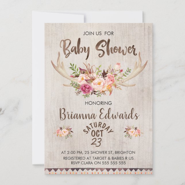 Invitation Baby shower de Boho Floral Antlers (Devant)