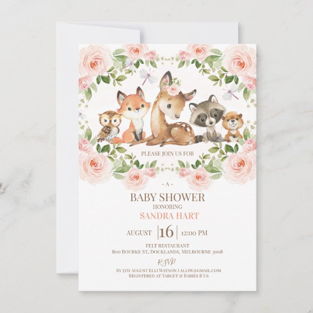 Invitation Baby shower de bois à cadre fleuri pour filles (Devant)