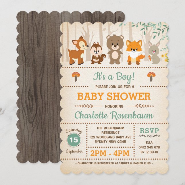 Invitation Baby shower de bois Animaux forestiers (Devant / Derrière)