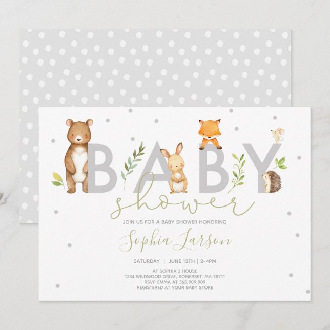 Invitation Baby shower de bois Animaux forestiers (Devant / Derrière)