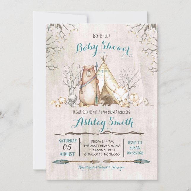 Invitation Baby shower de bois, garçon ours (Devant)