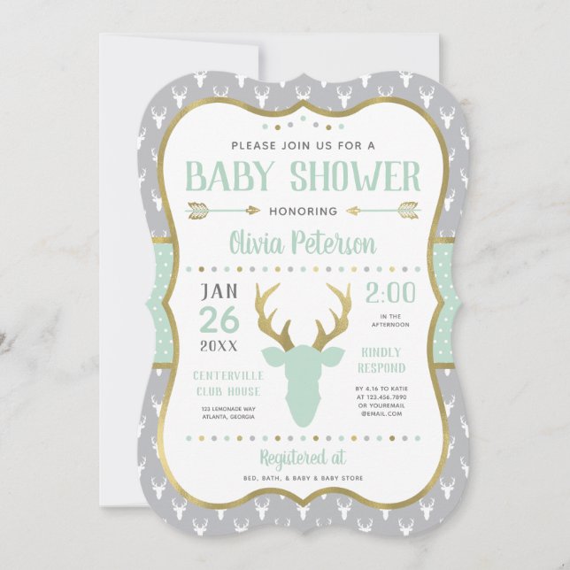 Invitation Baby shower de bois, Monnaie, Gris, Or (Devant)