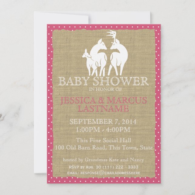 Invitation Baby shower de bois rose cerfs et burlap (Devant)