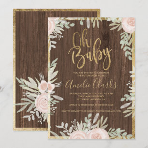 Invitation Baby shower de bois rustique bordé d'or fleuri ros