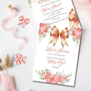 Invitation Baby shower de boue fleurie or et rose
