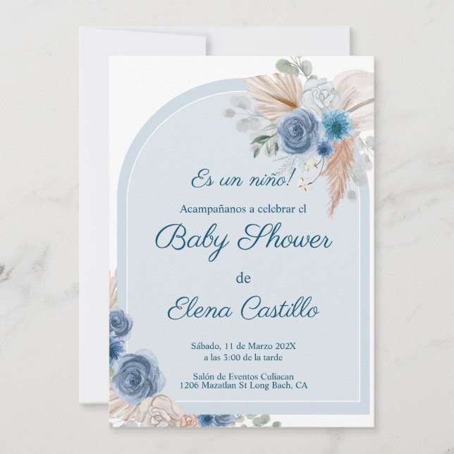 Invitation Baby shower de bouho bleu (Devant)