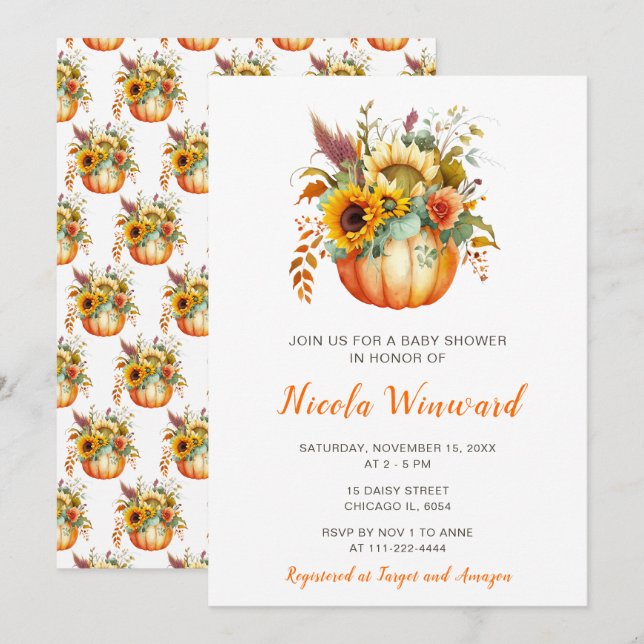Invitation Baby shower de bouquet de fleurs citrouilles (Devant / Derrière)