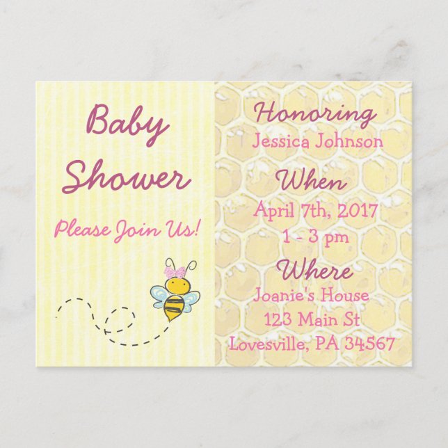 Invitation Baby shower de bourdon jaune et rose (Devant)