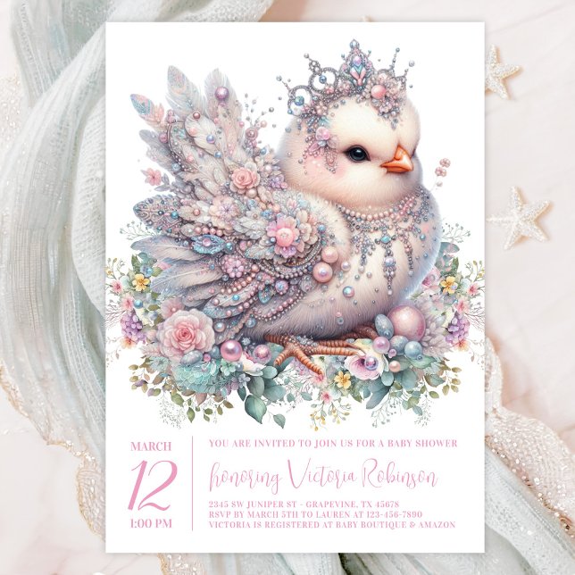 Invitation Baby shower de brique bijoux (Precious jeweled chick with crown on a pretty pastel floral background. )