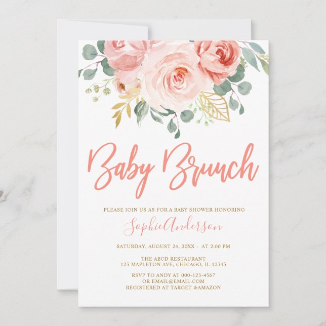 Invitation Baby shower de Brunch pour bébé Floral Rose-Vierge (Devant)