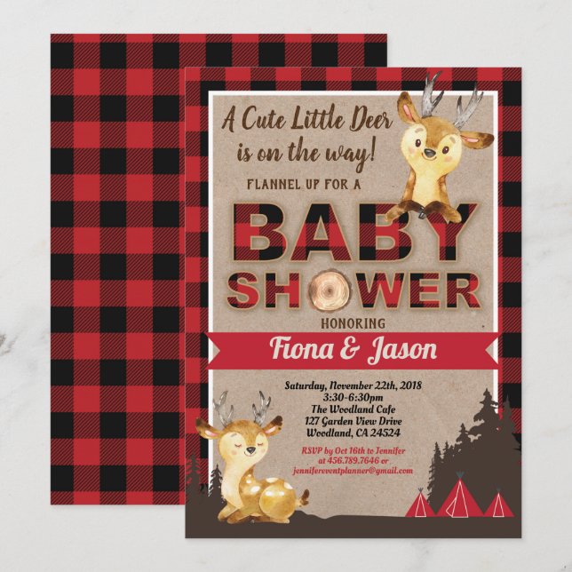 Invitation baby shower de bûcheron de baby shower de cerfs (Devant / Derrière)