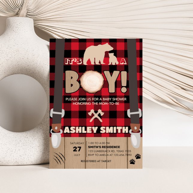 Invitation Baby shower de bûcheron rouge rustique (Plaid Lumberjack Baby Shower Invitation )