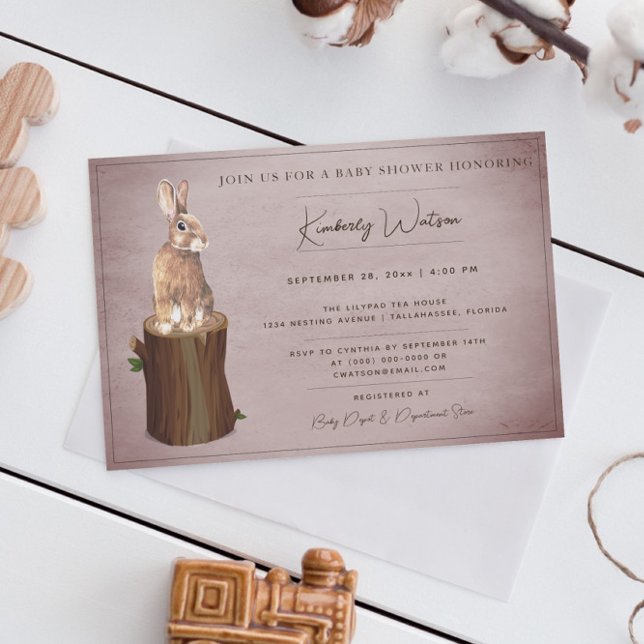 Invitation Baby shower de Bunny de bois | Rose (Pink Woodland Bunny Baby Shower Invitation)