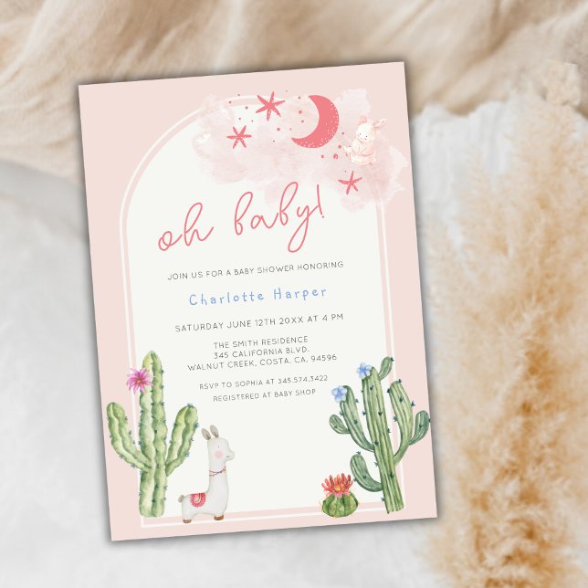 Invitation Baby shower de cactus à arc rose neutre (Neutral Pink Boho Arch Cactus Baby Shower Invitation)