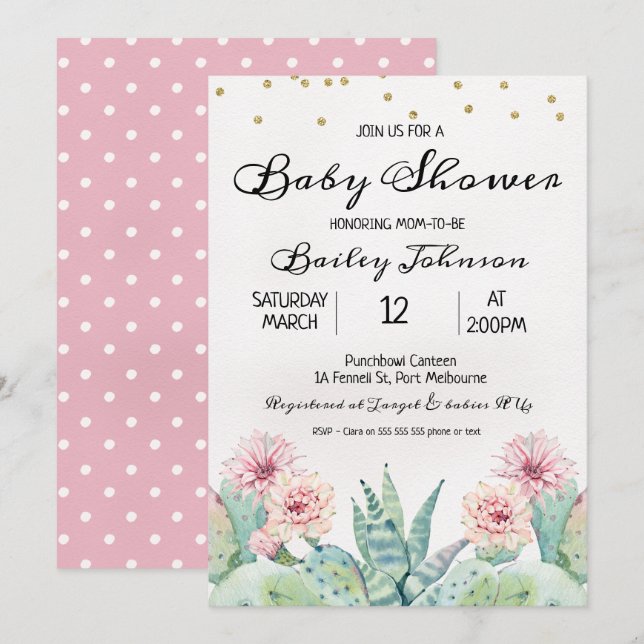Invitation Baby shower de cactus d'aquarelle pour  (Devant / Derrière)