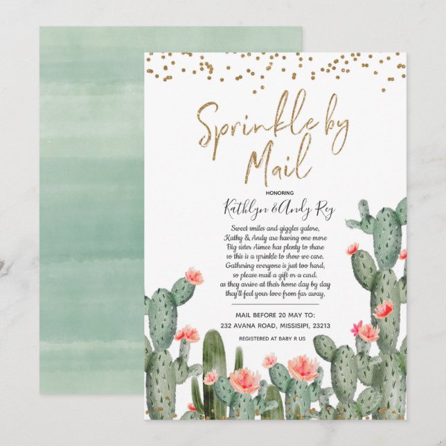 Invitation Baby shower de Cactus mexicain arrosé par courrier (Devant / Derrière)