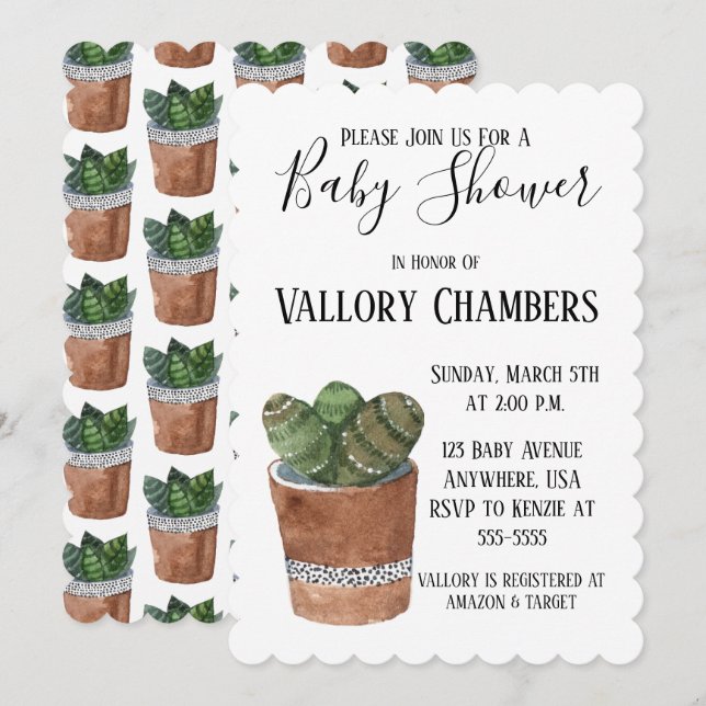Invitation Baby shower de cactus Succulent Poted (Devant / Derrière)