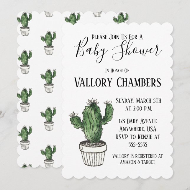 Invitation Baby shower de cactus Succulent Poted (Devant / Derrière)