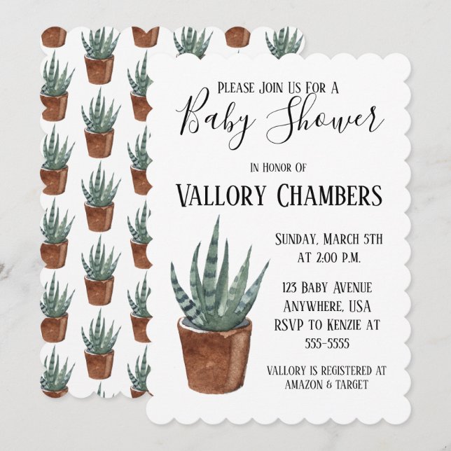 Invitation Baby shower de cactus Succulent Poted (Devant / Derrière)
