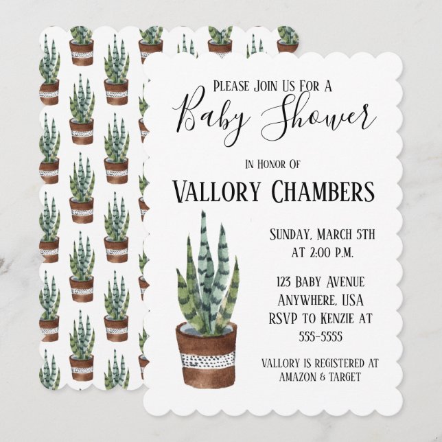Invitation Baby shower de cactus Succulent Poted (Devant / Derrière)